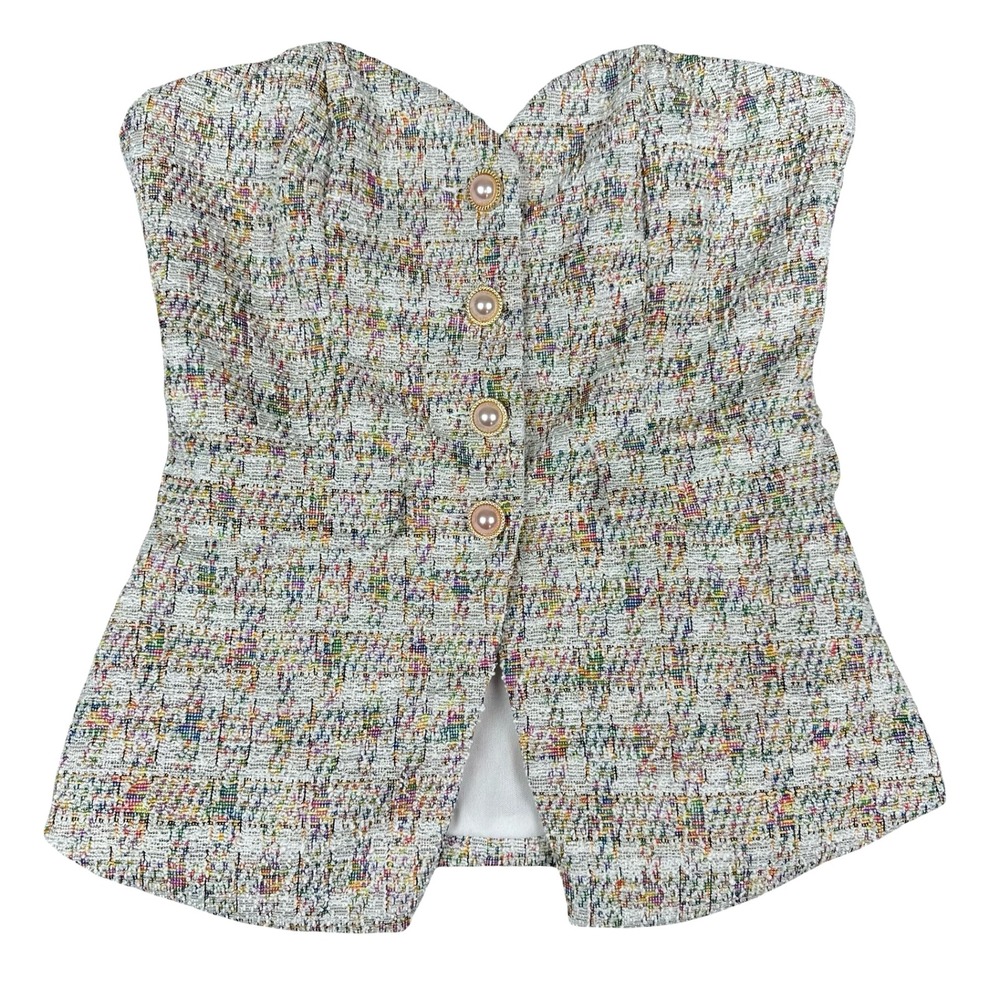Shein Strapless Tweed Top Womens Size 4 Multicolor Button Front Peplum Corset